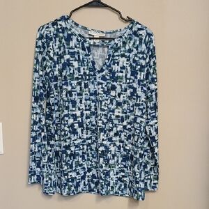 Geometric Print Long Sleeve Top - Blue and Green